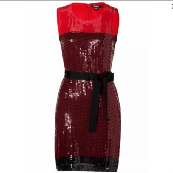 NWT $345 DKNY Sleeveless Red Lacquer Color Block Stretch Sequin Sheath Dress